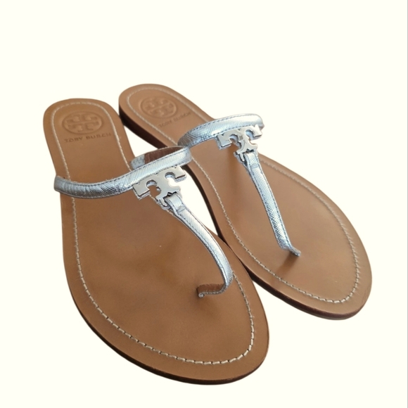 Tory Burch Silver Metallic Leather Strap T Logo Thong 7.5 - Picture 6 of 16
